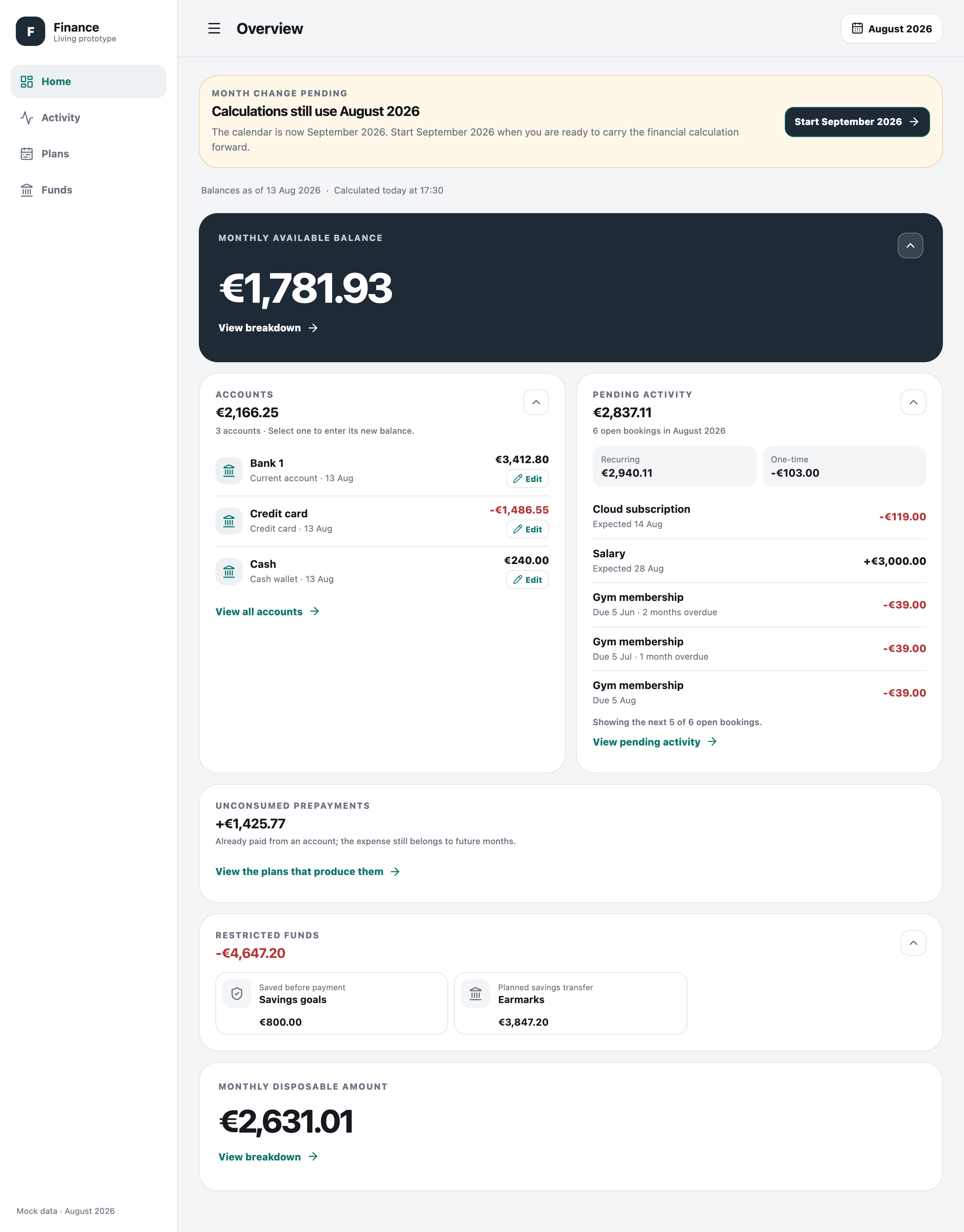 Freeboard desktop overview showing the available monthly amount, accounts, and outstanding transactions